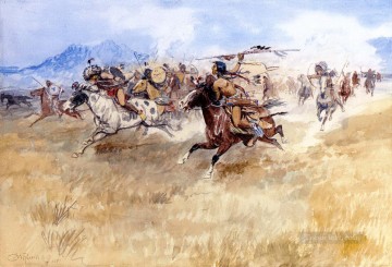 Indios americanos Painting - La batalla entre los pies negros y los piegans 1897 Charles Marion Russell Indios americanos
